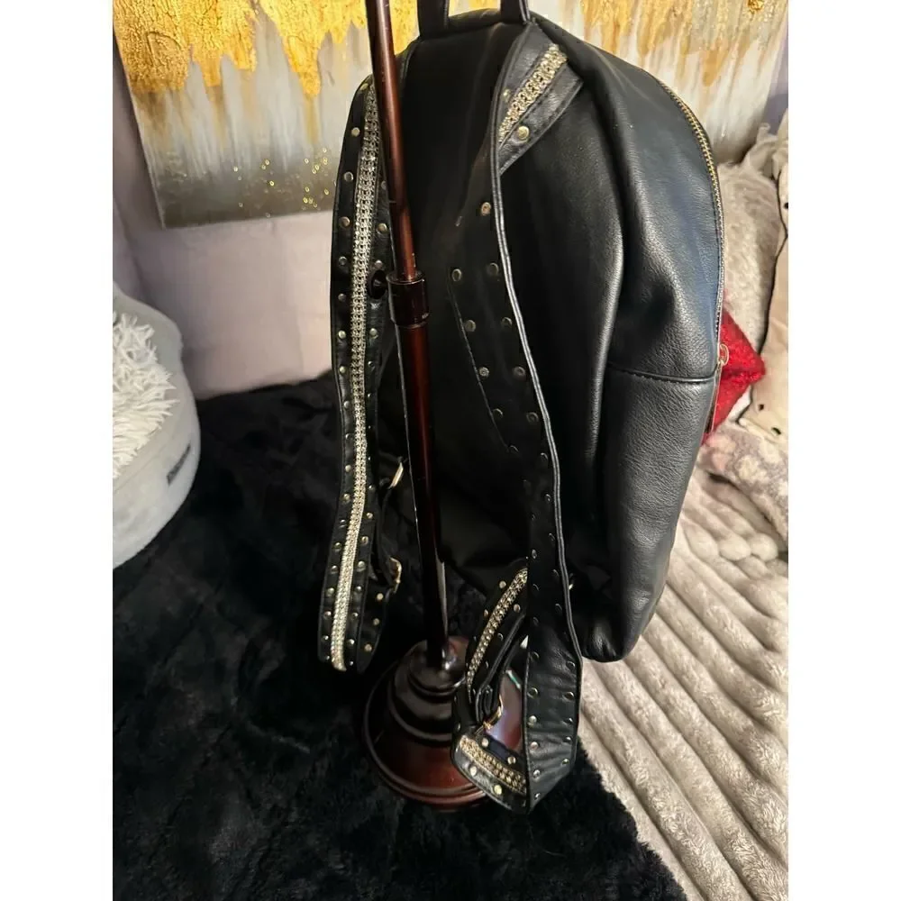 Rhinestone strap rivet studded black vegan leather backpack